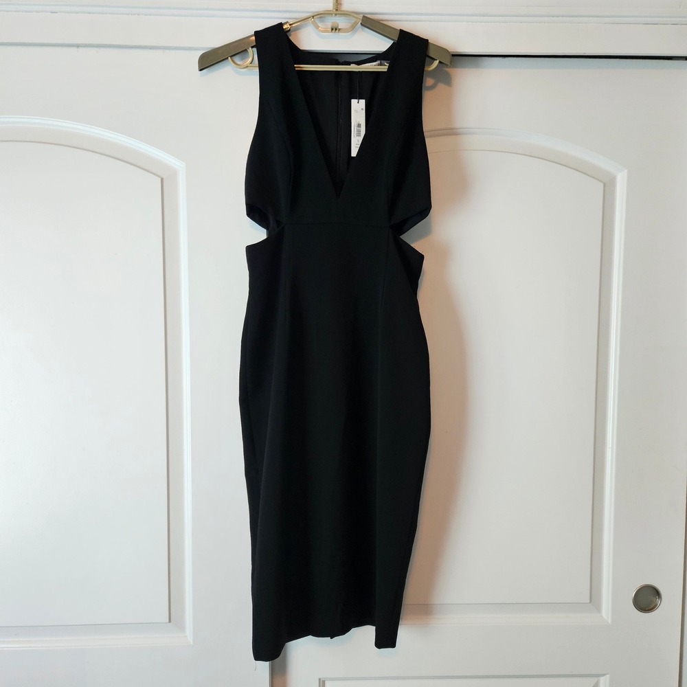 Alice + Olivia Black V-Neck Cut-Out Midi Dress Size 10 Minimalist Formal Wedding